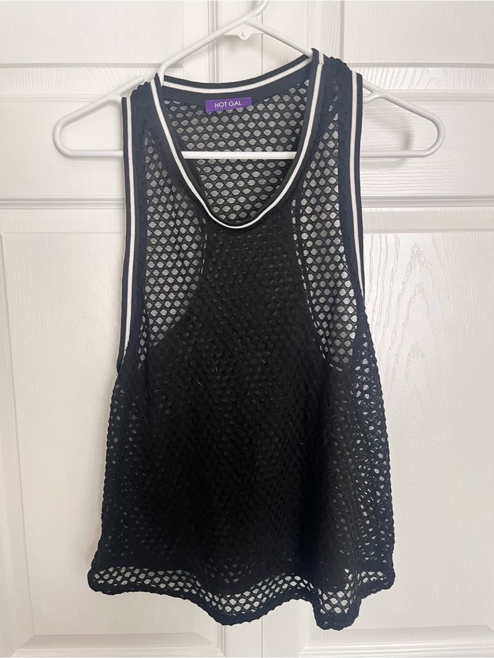 Hot Gal Black Mesh Racerback Tank with White Stripe Trim